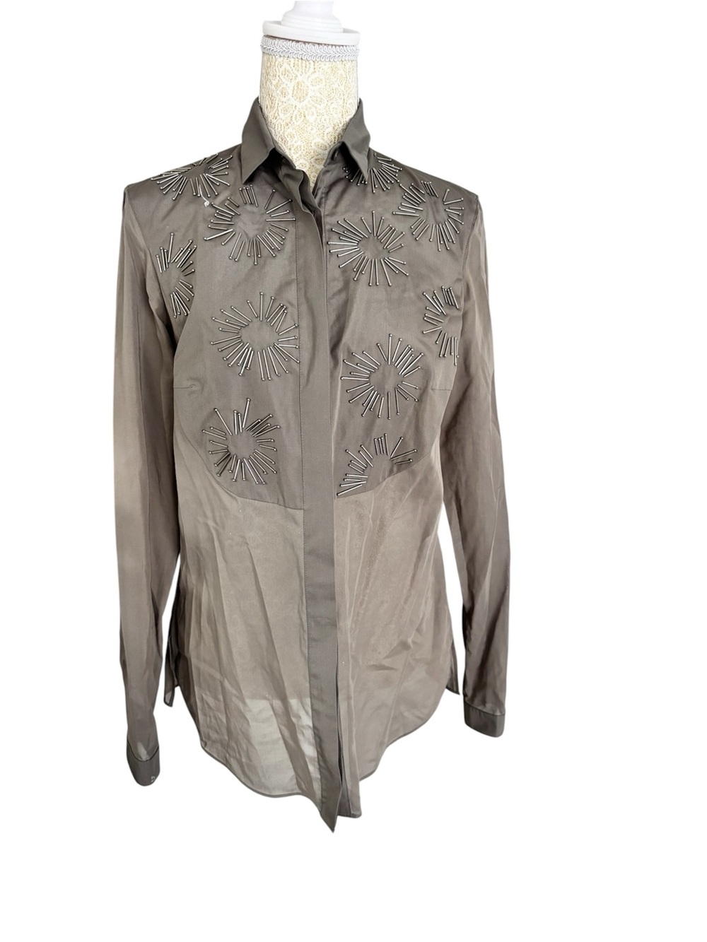 Akris Punto Taupe Embellished Button-Down Shirt - Picture 2 of 15